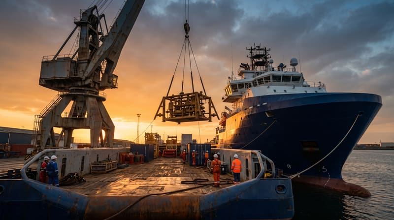 Grua portuária a carregar equipamento petrolífero num navio de abastecimento ao pôr do sol (imagem ilustrativa)