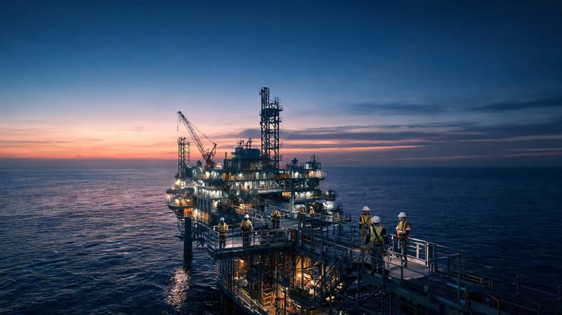 Plataforma offshore ao entardecer num mar calmo, equipa com EPI de alta visibilidade na passarela (imagem ilustrativa)