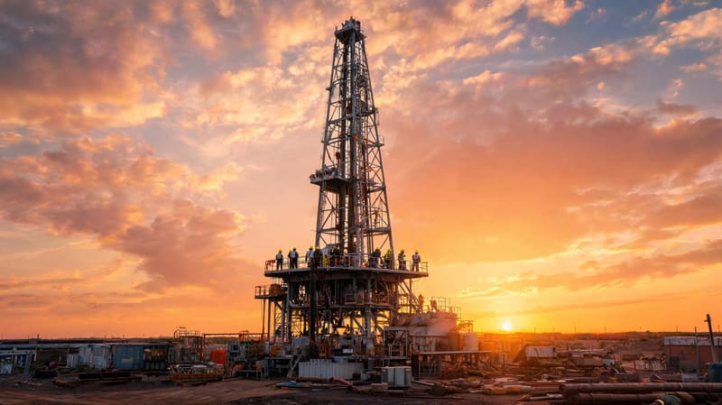 Torre de perfuração em aço num poço em terra ao pôr do sol, com equipa de capacete na plataforma (imagem ilustrativa)