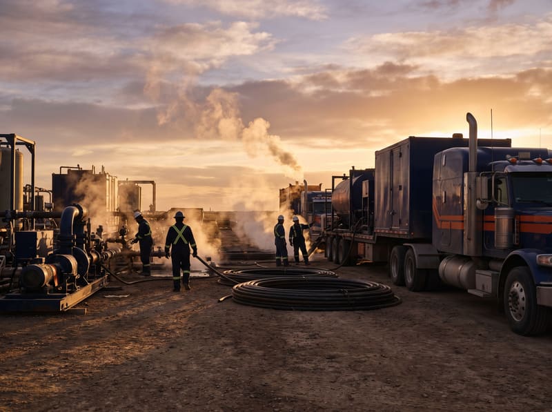 Unidades de bombeamento sob pressão e linhas de alta pressão num poço ao pôr do sol, equipa com EPI de alta visibilidade (imagem ilustrativa)