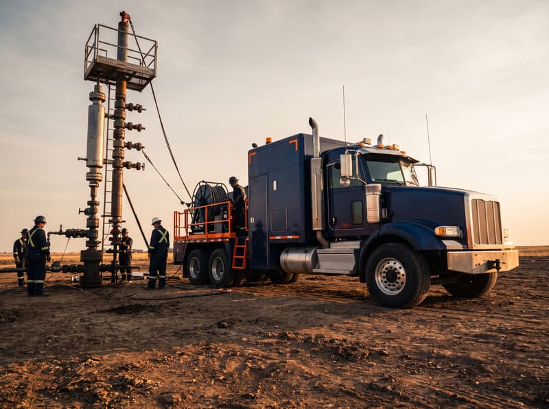 Unidade de wireline e lubrificador montados numa cabeça de poço, equipa com EPI (imagem ilustrativa)